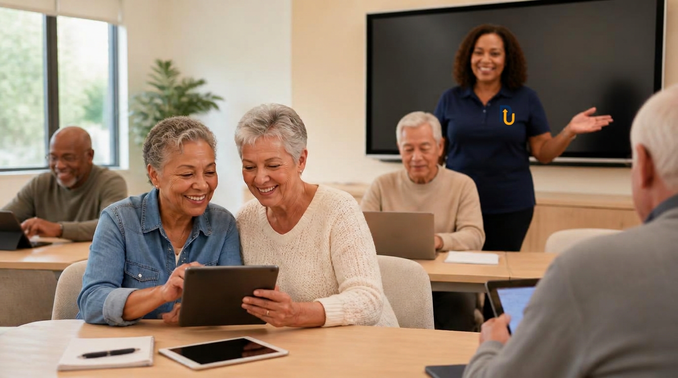 A diverse group of adults 60+ laughing and learning together at a Polly Up™ technology workshop while an instructor presents