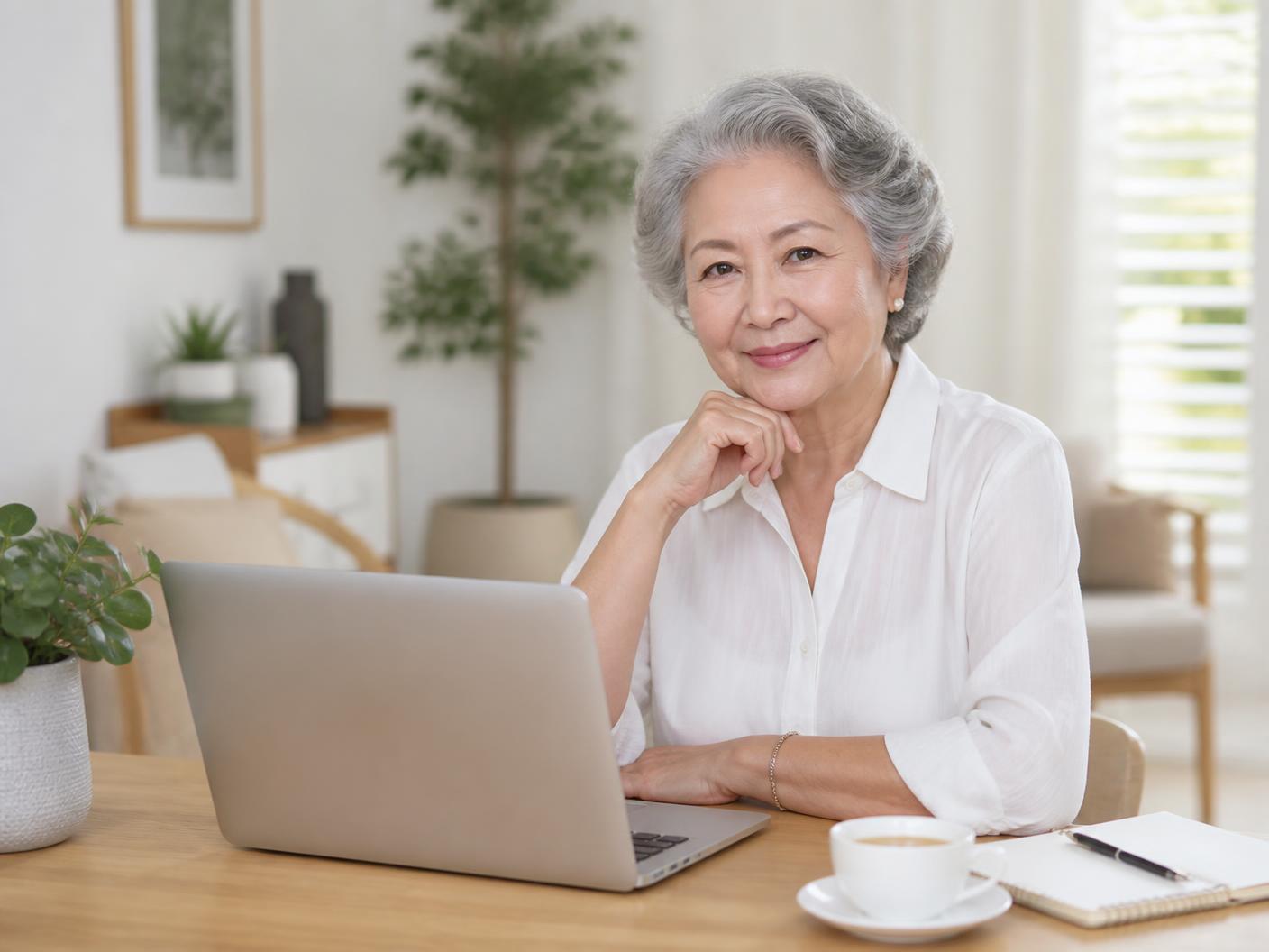 A confident older woman smiling while using her laptop at a bright home desk